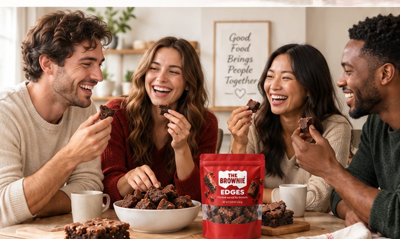 Friends sharing brownie pieces around a table